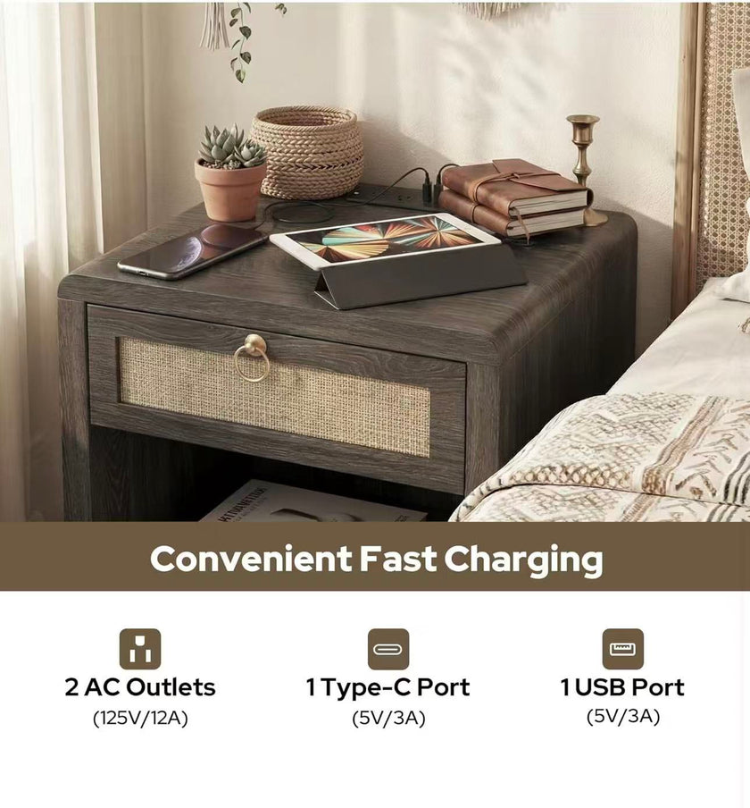 Boho Nightstand with Rattan Drawer & Open Storage Shelf