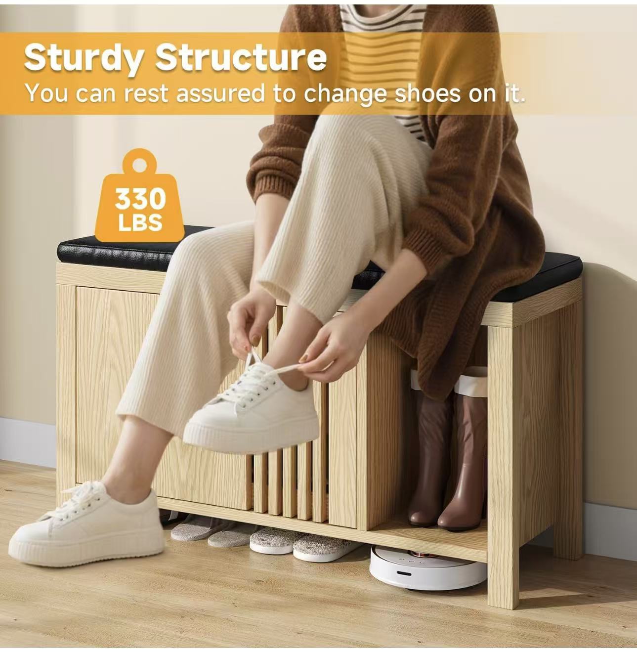 Stylish Wooden Storage Bench with Cushioned Seat