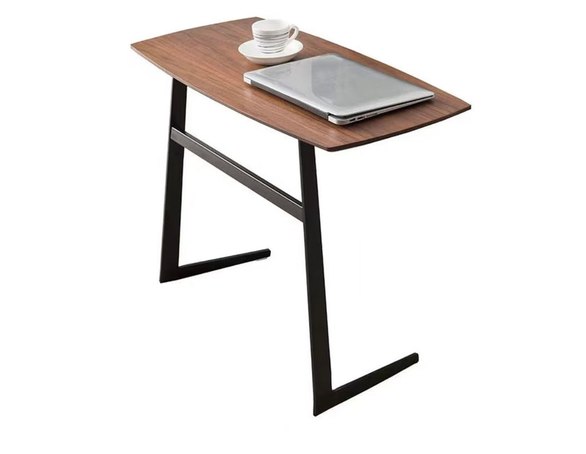 Modern C-Shape Side Table with Walnut Top & Black Metal Frame