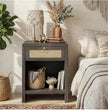 Boho Nightstand with Rattan Drawer & Open Storage Shelf