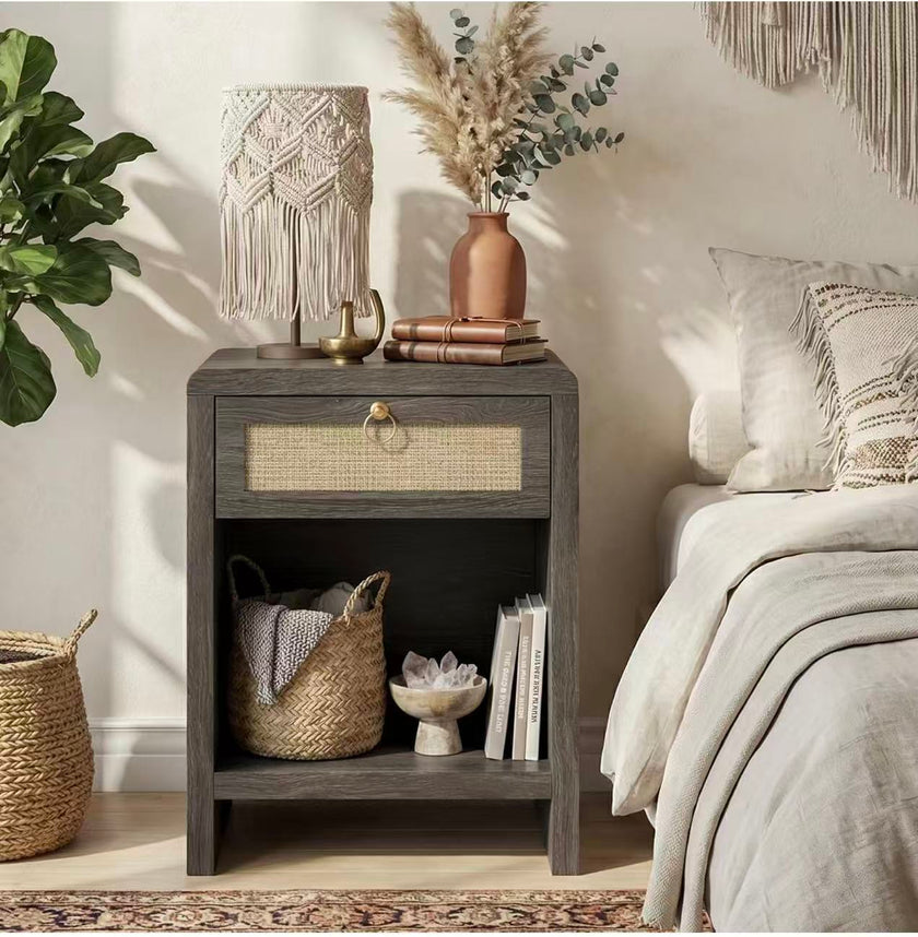 Boho Nightstand with Rattan Drawer & Open Storage Shelf