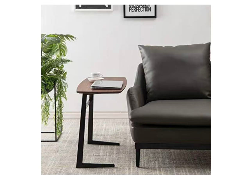 Modern C-Shape Side Table with Walnut Top & Black Metal Frame