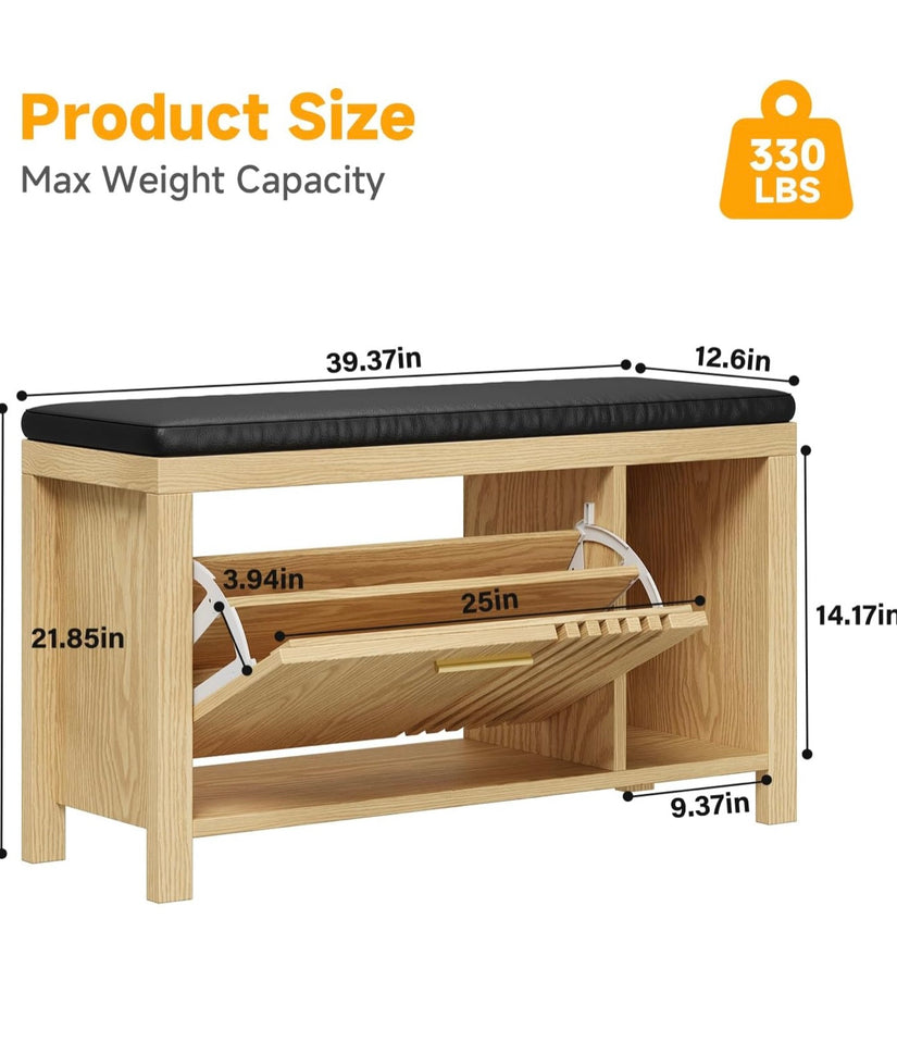 Stylish Wooden Storage Bench with Cushioned Seat