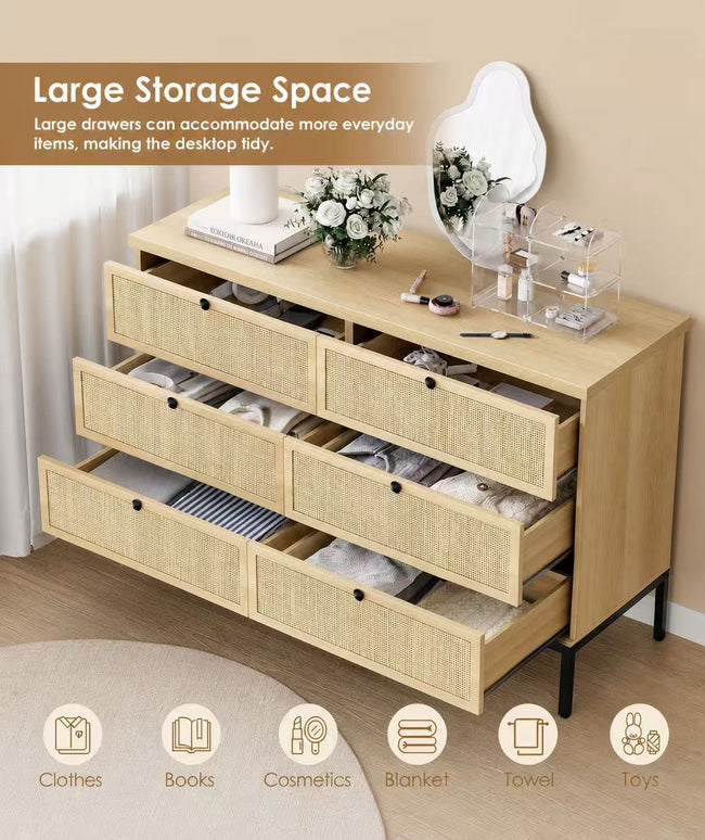 Modern 6-Drawer Rattan Dresser Storage Cabinet