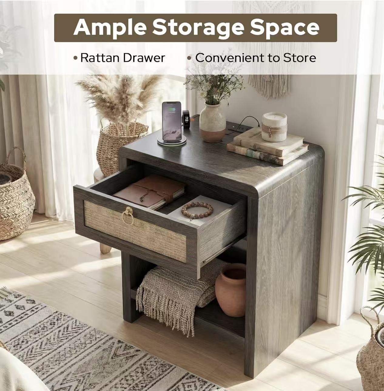 Boho Nightstand with Rattan Drawer & Open Storage Shelf