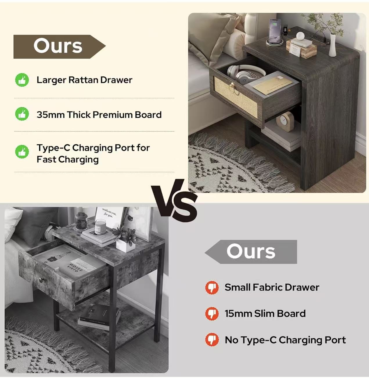 Boho Nightstand with Rattan Drawer & Open Storage Shelf