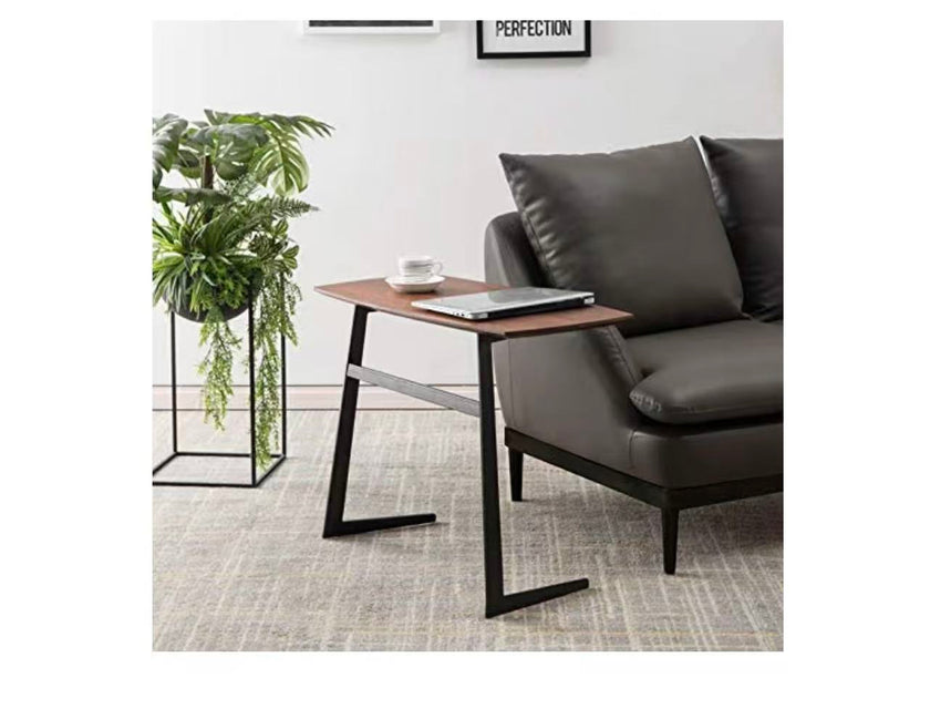 Modern C-Shape Side Table with Walnut Top & Black Metal Frame