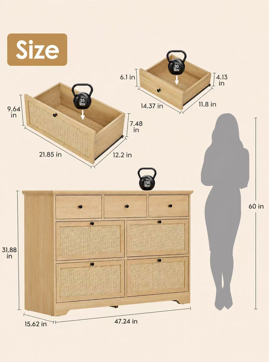 Modern 6-Drawer Rattan Dresser Storage Cabinet