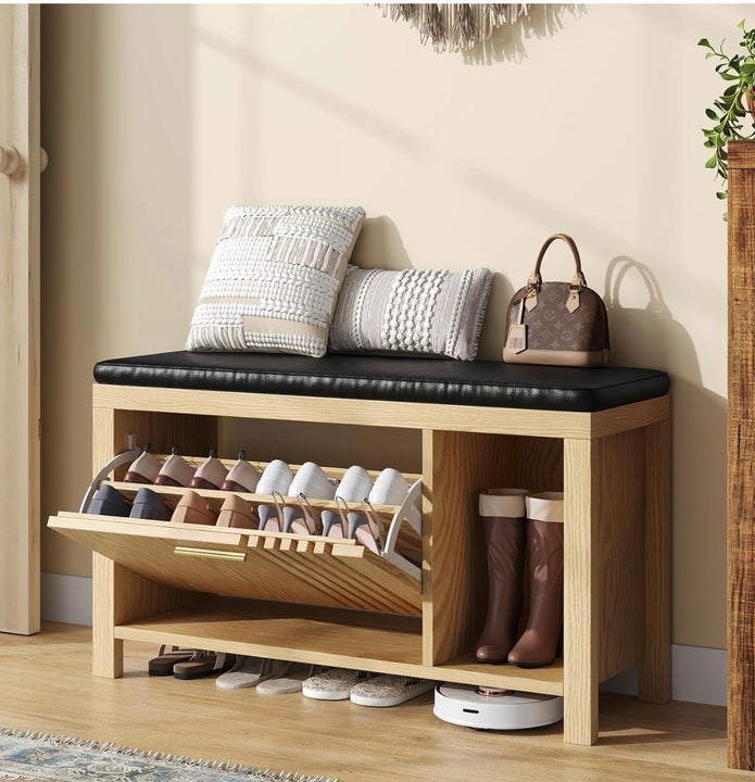 Stylish Wooden Storage Bench with Cushioned Seat
