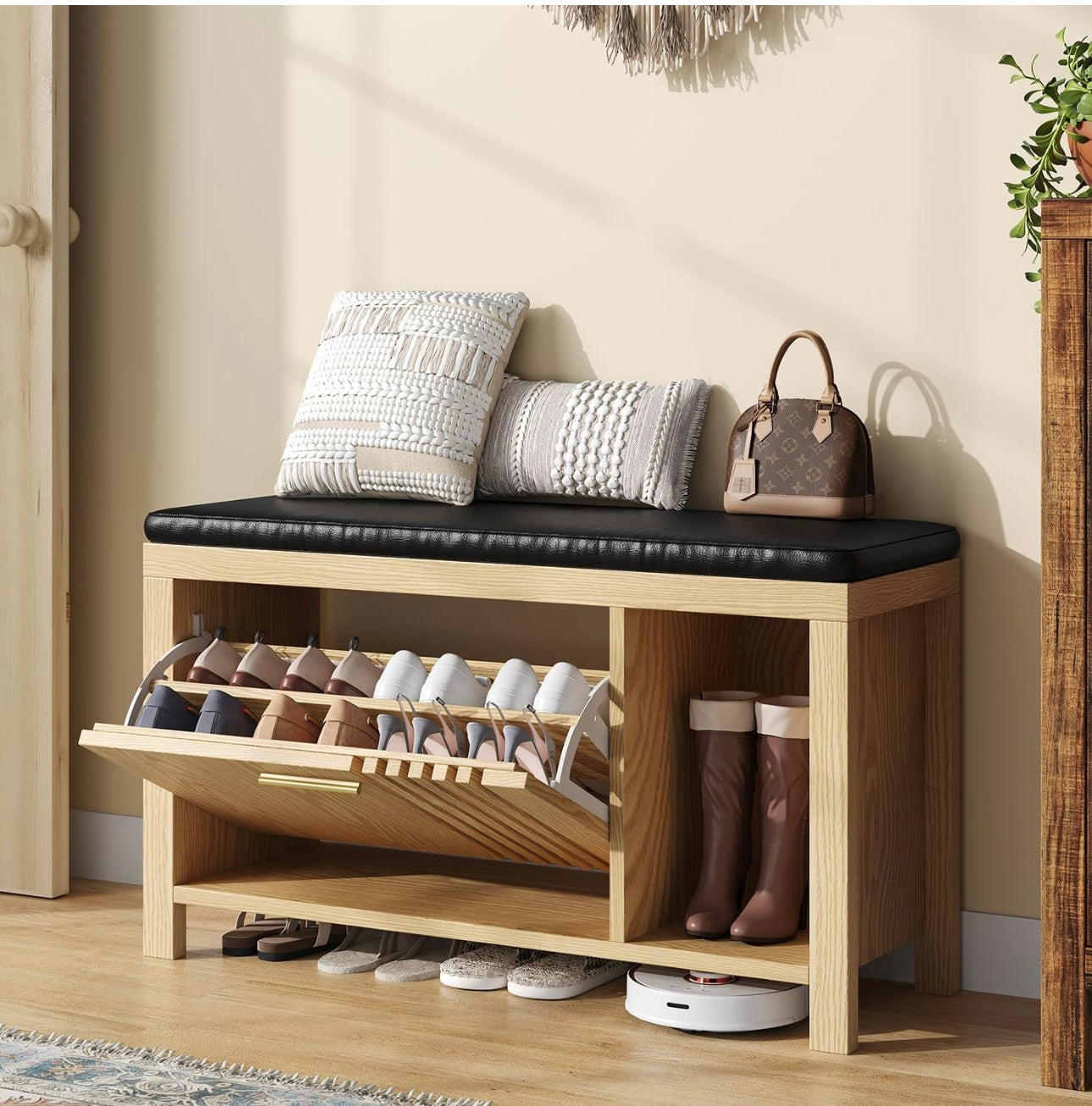 Stylish Wooden Storage Bench with Cushioned Seat