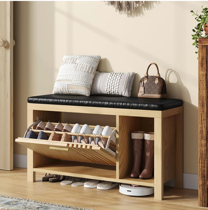 Stylish Wooden Storage Bench with Cushioned Seat