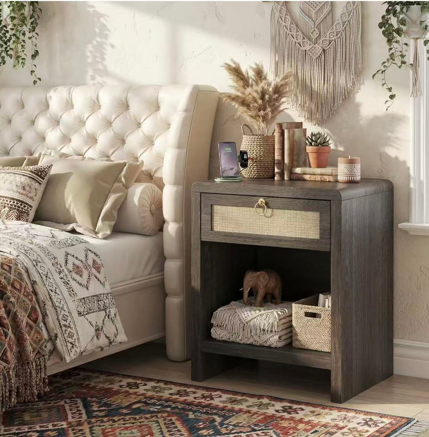 Boho Nightstand with Rattan Drawer & Open Storage Shelf
