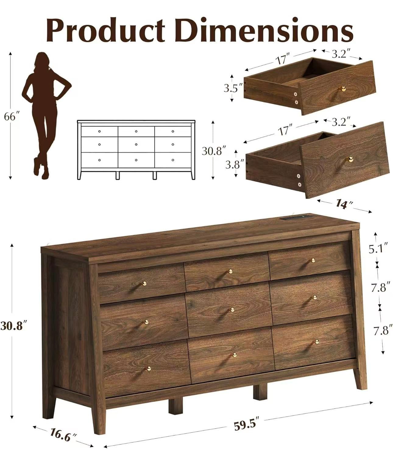 9-Drawer Dresser with Charging Station