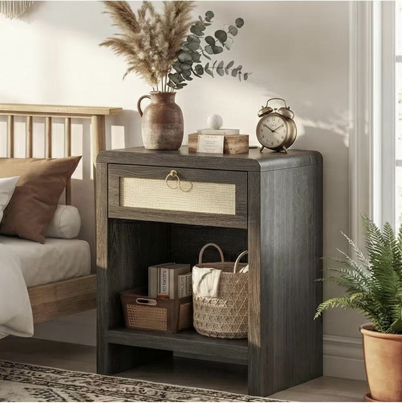 Boho Nightstand with Rattan Drawer & Open Storage Shelf