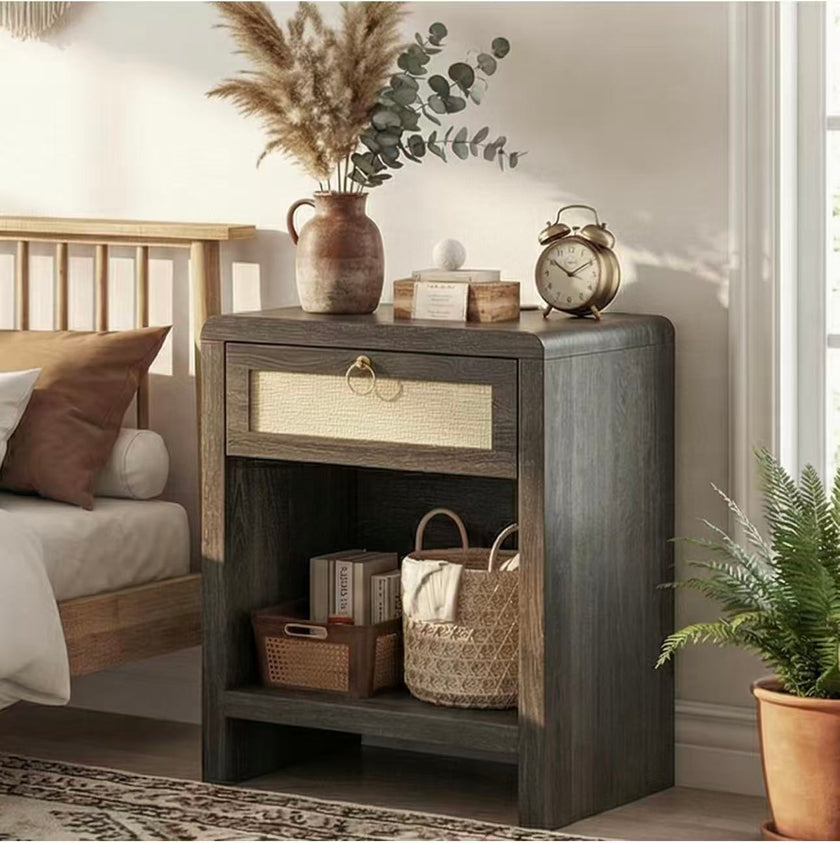Boho Nightstand with Rattan Drawer & Open Storage Shelf