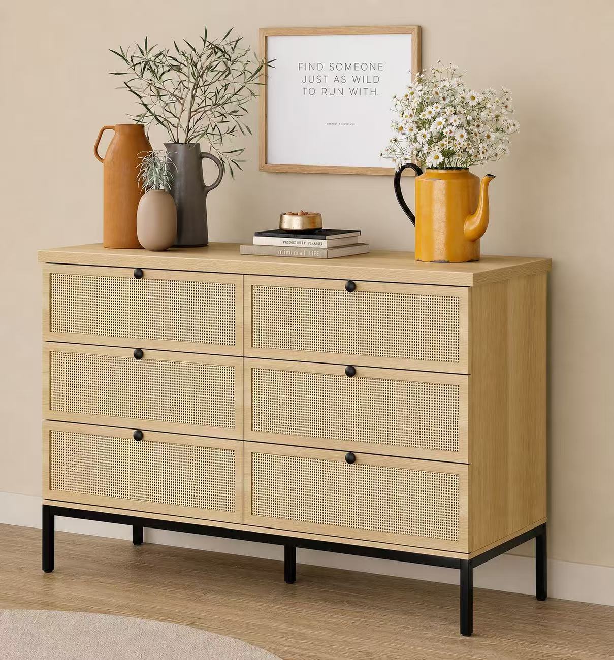 Modern 6-Drawer Rattan Dresser Storage Cabinet