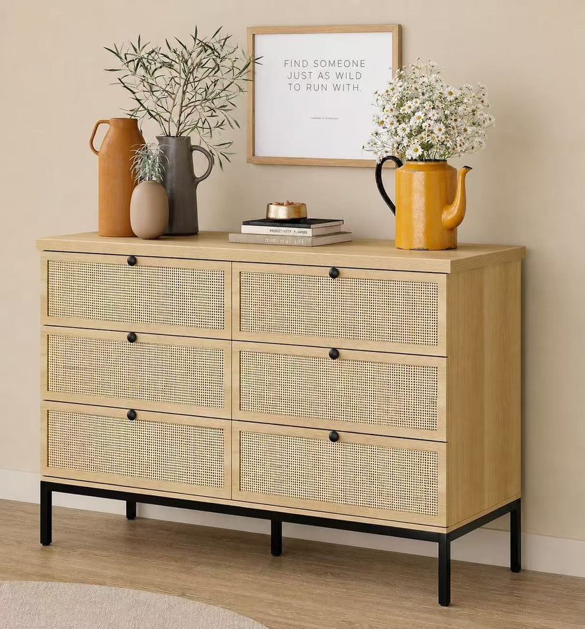 Modern 6-Drawer Rattan Dresser Storage Cabinet