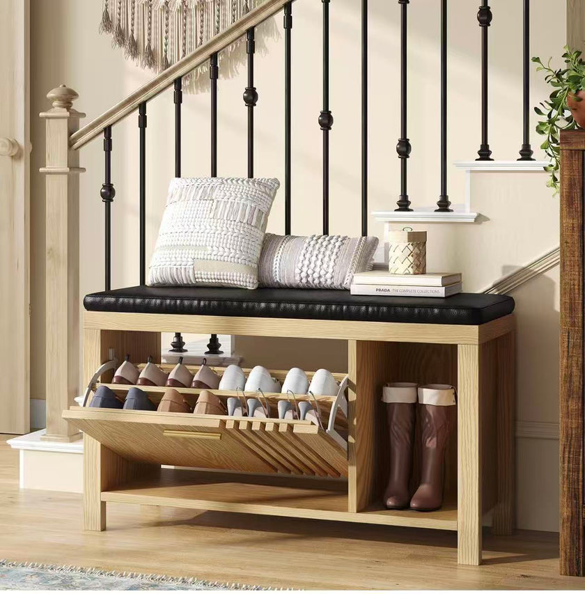 Stylish Wooden Storage Bench with Cushioned Seat