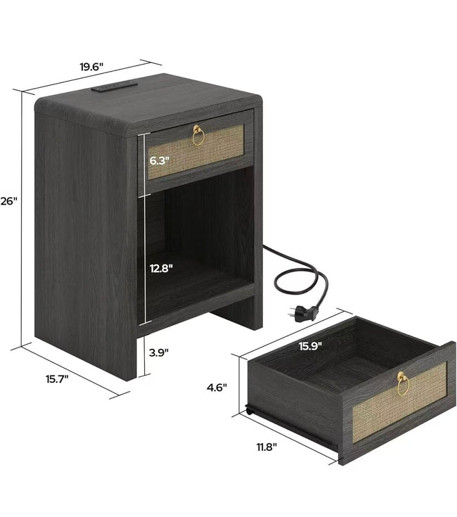 Boho Nightstand with Rattan Drawer & Open Storage Shelf