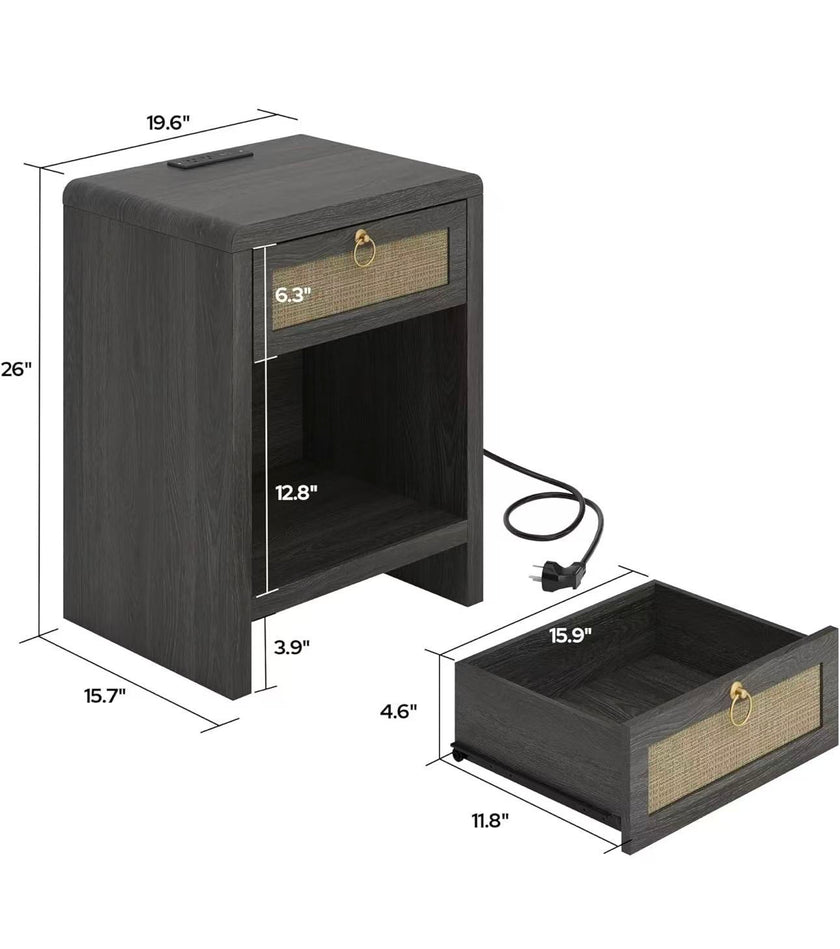 Boho Nightstand with Rattan Drawer & Open Storage Shelf